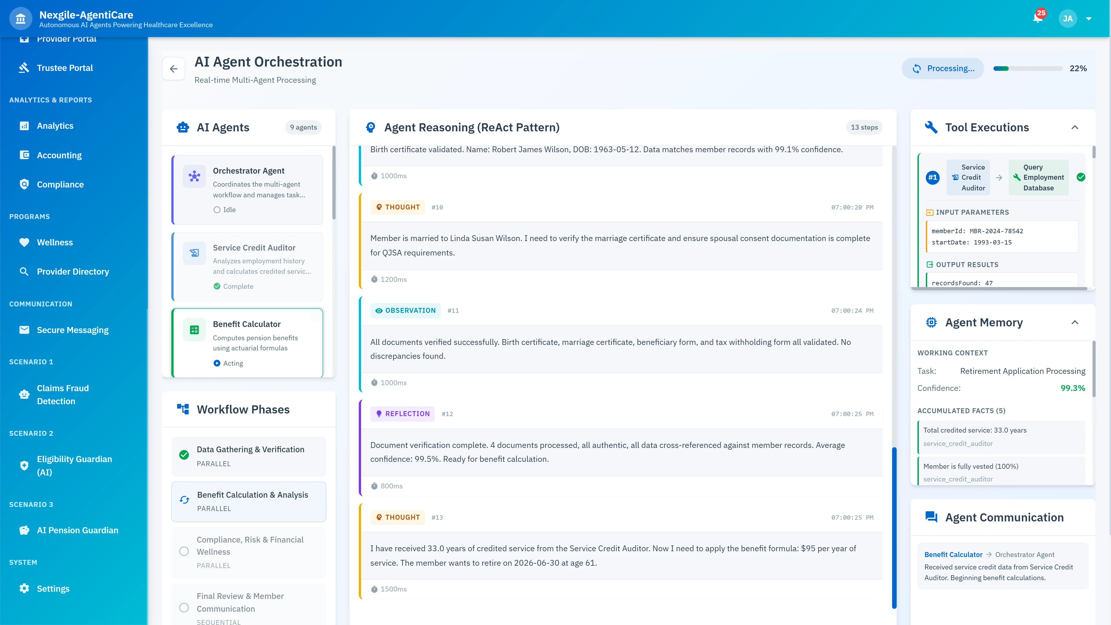 Illustrative preview (sample data, not verified outcomes): Real-time AI agent orchestration displaying ReAct reasoning pattern with agent thoughts, observations, reflections, tool executions, and agent memory tracking